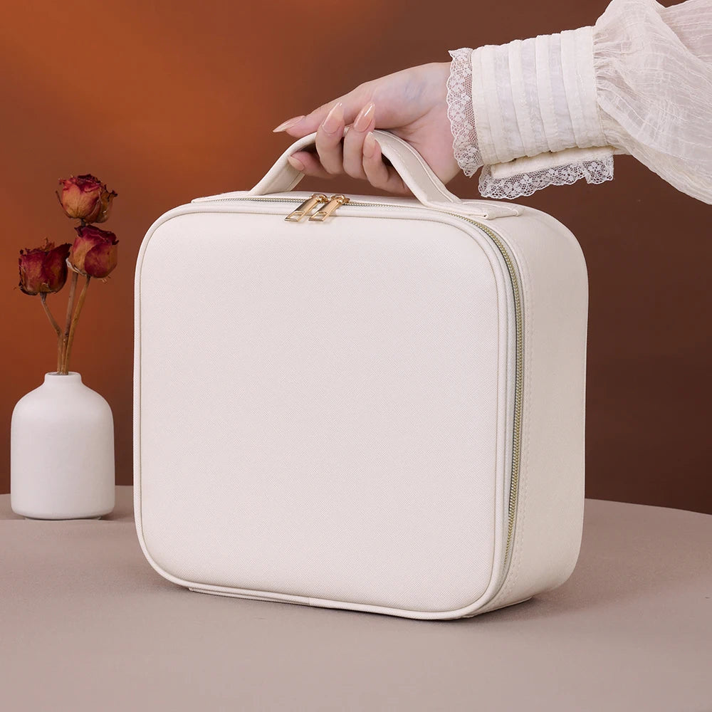 Travel Makeup Bag with USB LED Mirror Large Train Case Cosmetic Organizer Bags with 3 Color Lights and Adjustable Dividers